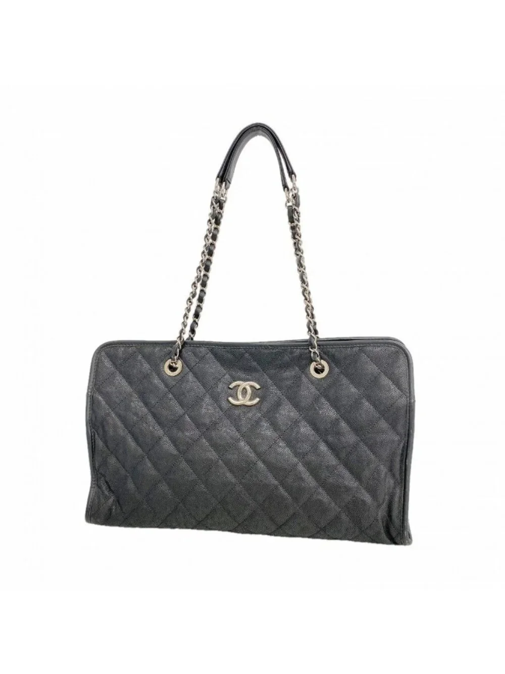 Chanel Chain Tote Quilted Caviar Leather Black Silver